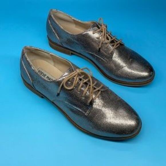 Steve Madden Women’s Addan Gold Oxfords Metallic Lace Up Flats Shoes Size 6 - Picture 2 of 6